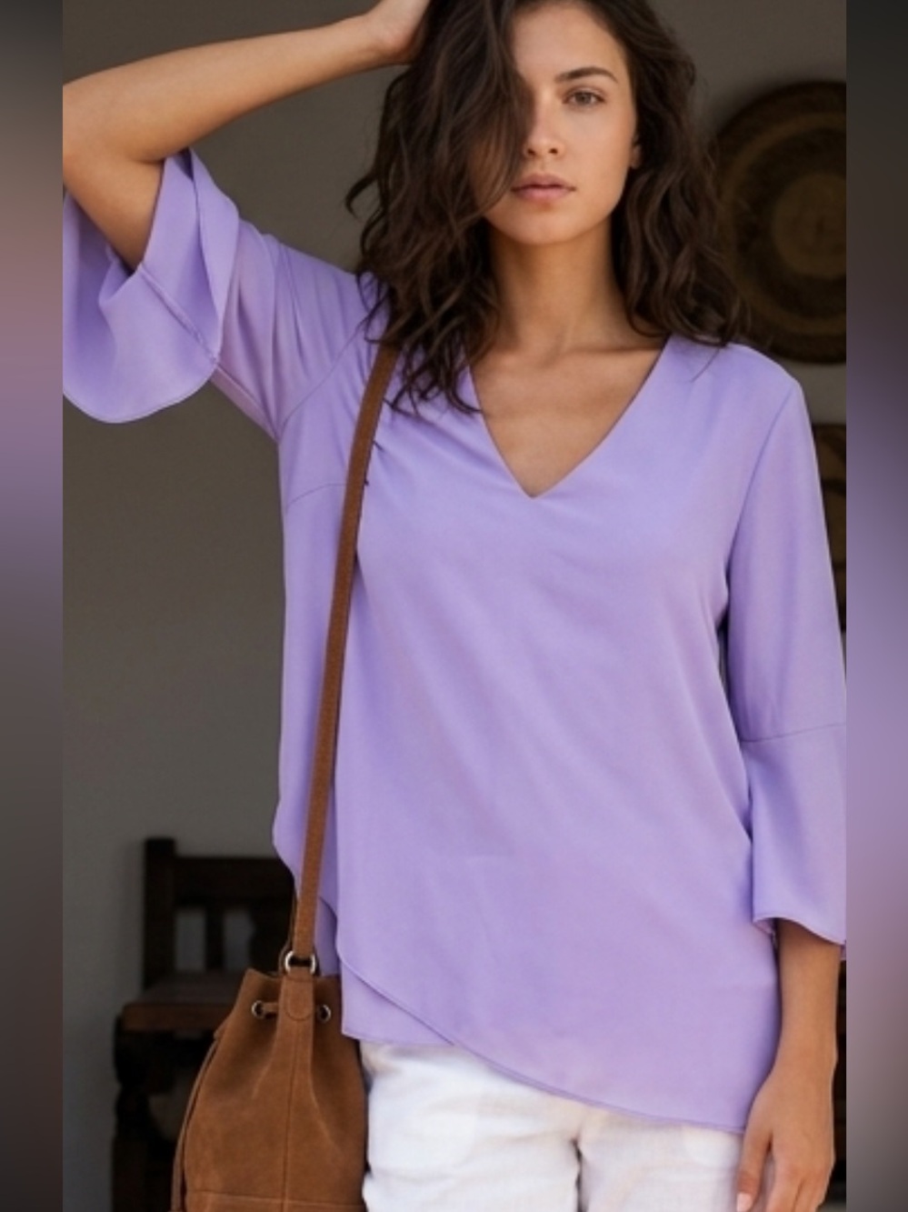 Karen Kane | Karen Kane Lavender Asymmetric V-Neck Flutter Sleeve Top NWT L